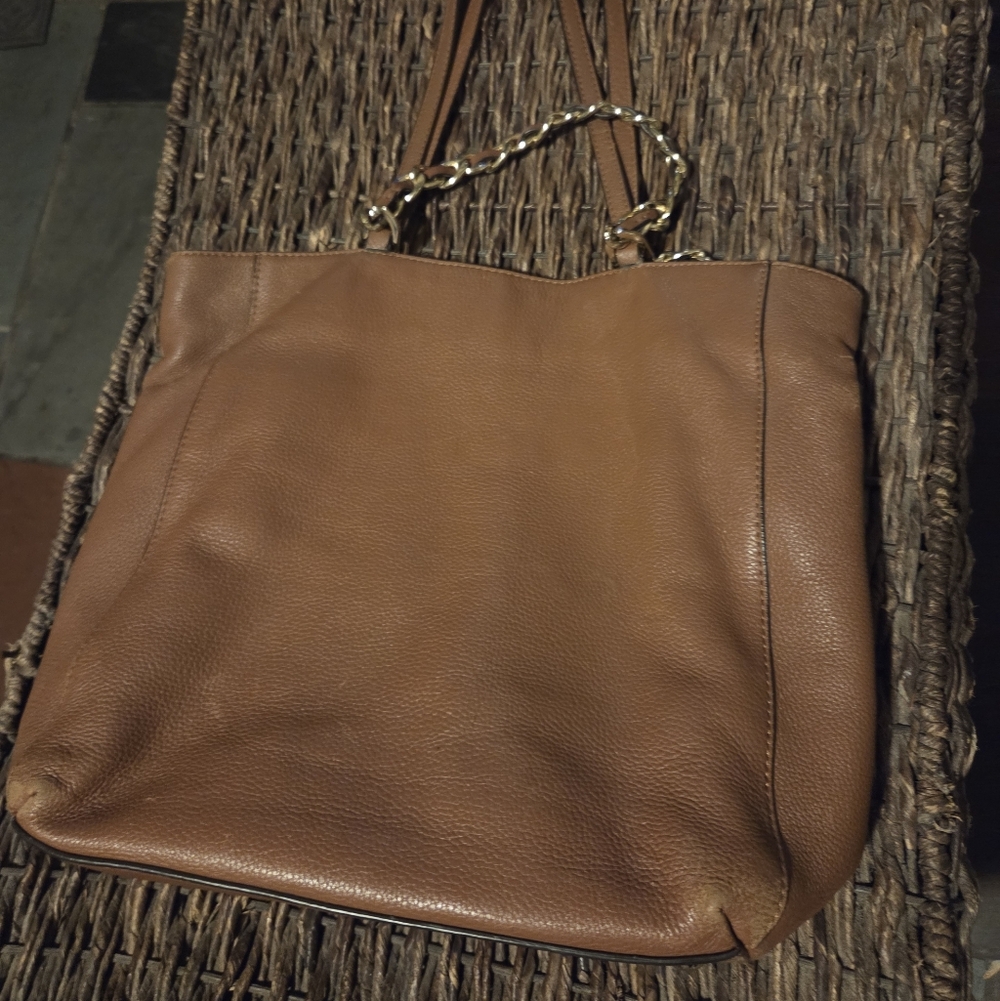 Michael Kors Tan Work Tote Pebbled Leather Gold Medium Harper Everyday Work Bag - Picture 4 of 16